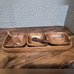 Monkey pod tray with dishes and spoons